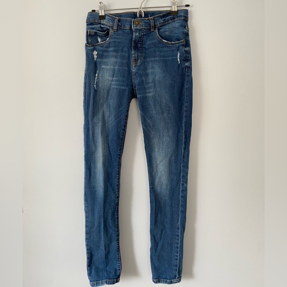 Zara Kids Skinny Fit Size 13/14 Adjustable Waist Denim Blue Jeans Distressed